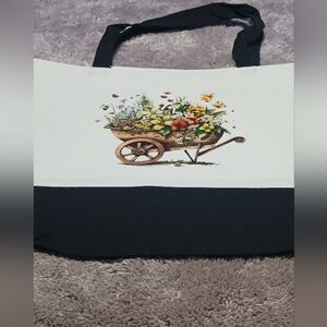 Floral Wheelbarrow Print Tote Bag - Black and White
